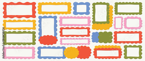 Funky wavy rectangles and square with crayon or pencil texture. Hand drawn empty text boxes, square and rectangular shapes with wiggly and wavy border. Playful frame shapes for text. 