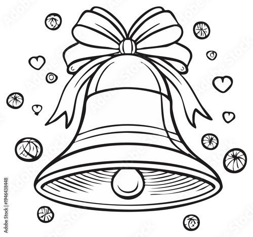 Elegant Hand-Drawn Bell Ornament with Ribbon and Hearts in Black and White