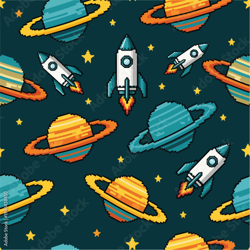 Pixelated illustration featuring rockets, planets with rings, and stars against a dark blue background, seamless pattern, royalty free stock.