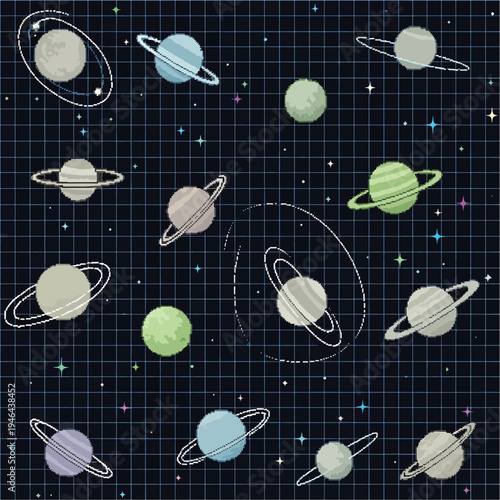 Pixelated illustration of space with planets, stars, and grid lines in a cosmic pattern, seamless pattern, Stock royalty.