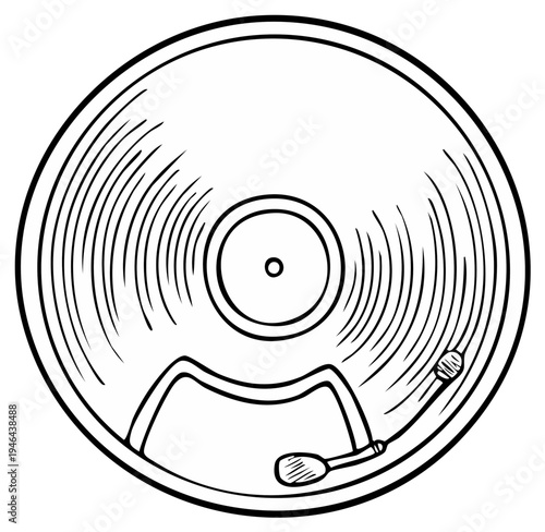 Hand drawn vinyl record player with stylus and grooves symbolizing music reproduction and retro sound.