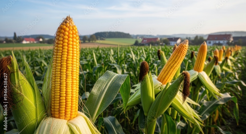 Fototapeta premium A field of ripe corn, with a few ears still unripe, set against a backdrop of rolling hills and distant trees under a clear blue sky.
