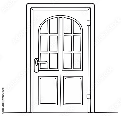 Black and white illustration of a closed door with glass panes
