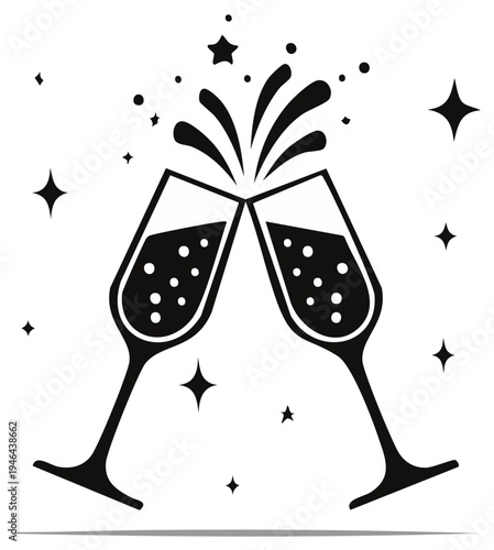 Toast with Bubbles Celebration Graphic Clinking Glasses and Stars for Holidays and Events Festive Toasting Black and White