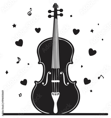 Elegant black silhouette of a cello surrounded by musical notes and hearts in a celebratory style.