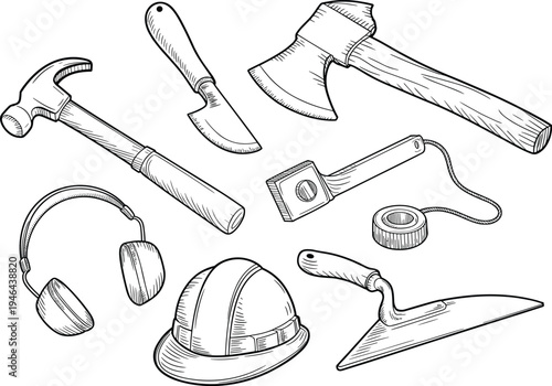 Construction tools illustration set, hammer axe trowel helmet tape measure vector collection, builder equipment hand drawn workshop tools