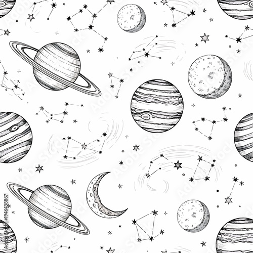 Intricate black and white celestial illustration featuring planets, moons, stars, and constellations, patern seamless, Stock royalty free.