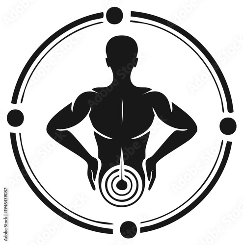 Silhouette illustration of a person with back pain and a targeting symbol.