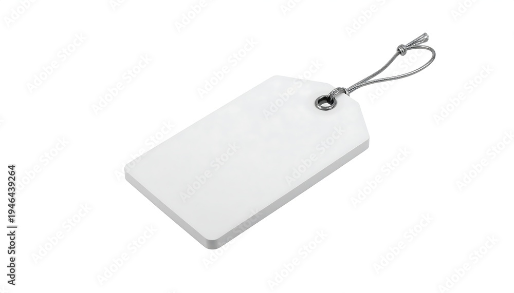 Fototapeta premium A blank, rectangular price tag, tilted on a white background, hanging by a gray string. The tag has a single hole