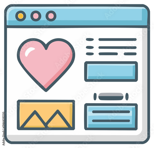 Cute cartoon browser window with a social media profile page, heart like icon, and photos