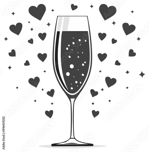 Sparkling champagne flute with floating hearts and stars on white background celebration