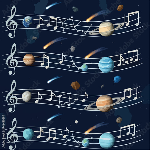 A whimsical illustration of space-themed elements combined with musical notes in a seamless pattern., patern seamless, Stock royalty image.