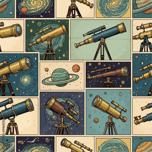A vintage-style seamless pattern of telescopes and celestial bodies on a grid background, patern seamless, Stock royalty free.