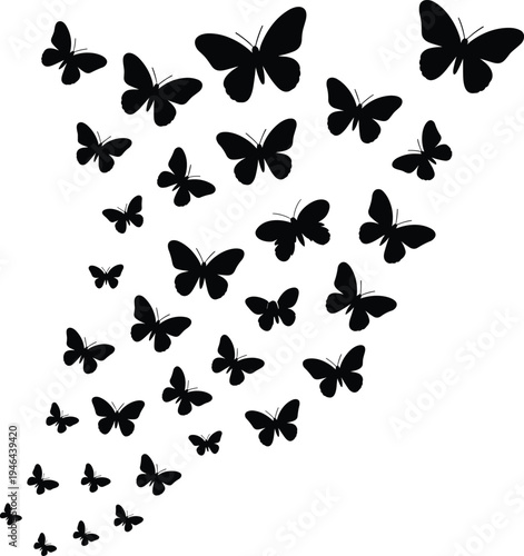 Butterfly silhouette swarm forming heart shape vector illustration, flying insects collection isolated, decorative nature wildlife design element