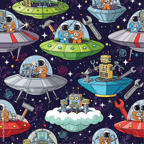 A vibrant illustration of astronauts, robots, and UFOs in a colorful outer space scene., patern seamless, Stock royalty image.