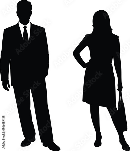Business man and woman silhouettes standing, professional office people vector illustration isolated corporate lifestyle fashion businessperson concept