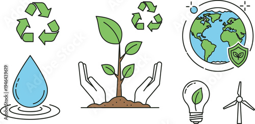 Collection of essential flat line art icons representing global environmental protection conservation and sustainable energy concepts