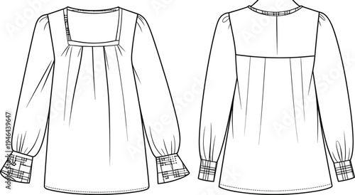 blouse, fashion, clothing, women, apparel, garment, outline, vector, illustration, design, template, long, sleeve, front, back, sewing, pattern, sketch, isolated, technical