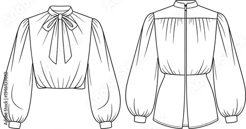 blouse, fashion, clothing, women, elegant, apparel, garment, outline, vector, illustration, design, template, front, back, sewing, pattern, sketch, isolated, stylish, bow
