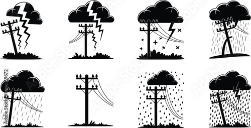 Utility pole silhouettes under diverse weather conditions with lightning, rain, birds, clouds, stars, electrical infrastructure, and storm safety illustration