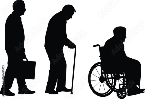 Aging stages man silhouette set, walking businessman elderly man with cane wheelchair disabled person vector illustration isolated