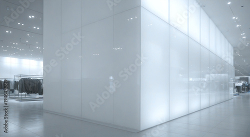 Large glowing white glass cube display in a spacious modern luxury retail store interior