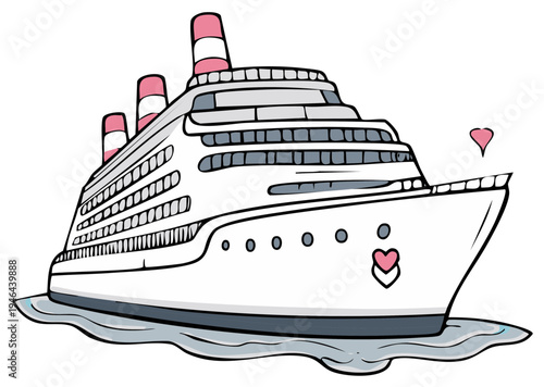 Cartoon cruise ship with heart details on the water, travel and love concept