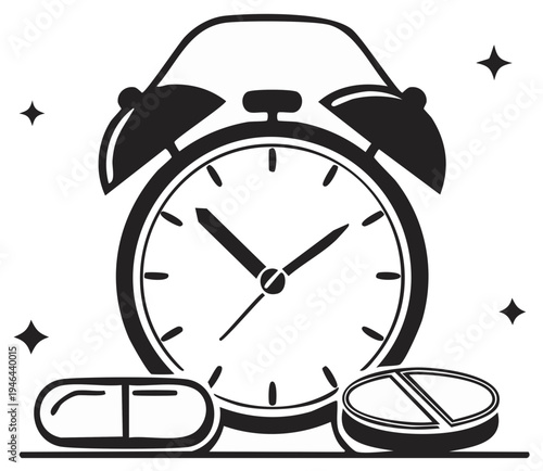 Alarm clock with pills illustrating medicine dosage and time, healthcare and wellness concept.