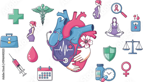 Illustrated concept of comprehensive cardiac care surrounded by various health and medical related iconography and symbols