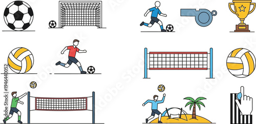 Dynamic collection of flat line art icons depicting essential gear, players, and actions for popular soccer and volleyball sports.