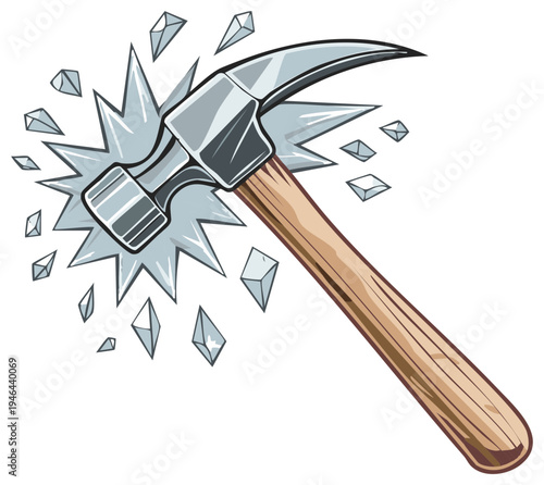 Hammer shattering glass or ice illustration cartoon