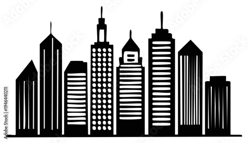 Modern City Skyline Silhouette with Diverse Tall Buildings and Distinctive Architectural Styles