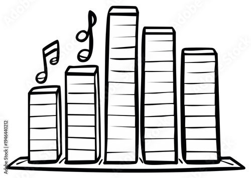 Black and white hand drawn equalizer bars with musical notes floating around representing audio and sound