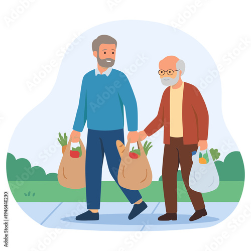 Two elderly men walking together on sidewalk with grocery bags