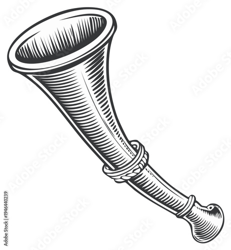 Engraved Horn Instrument: Vintage Trumpet Design in Black and White Detail Illustration