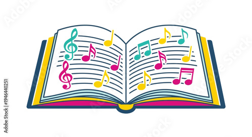 Colorful music book with notes.
