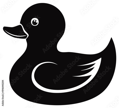 Simple black rubber duck silhouette vector icon. Classic bath toy illustration isolated.