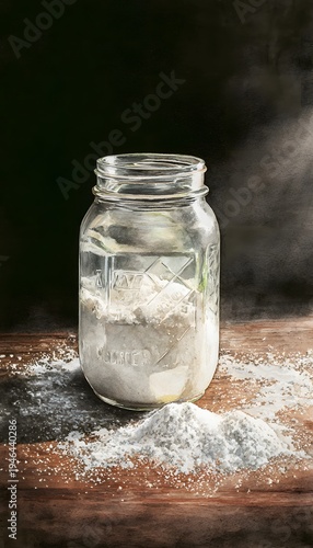Rustic kitchen illustration sourdough starter jar baking warmth flour textures wooden surface soft light artistry