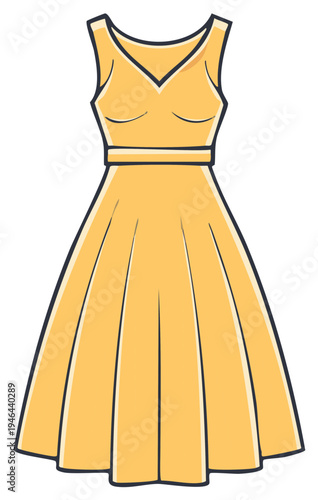 Illustration of a yellow sleeveless dress with a fitted bodice and flared skirt
