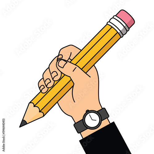 A hand holding a large pencil with a watch on wrist