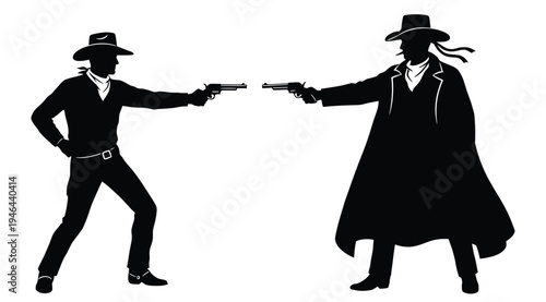 Two cowboys pointing guns at each other in a tense standoff
