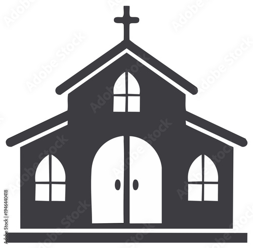 Simple Stylized Church Building with Cross and Arched Doors and Windows