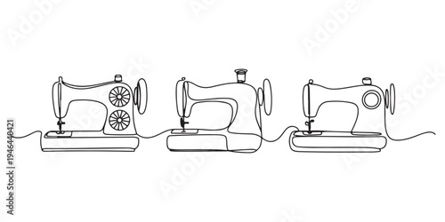 Sewing machine in continuous line art drawing style. Abstract old style sewing-machine for atelier or tailor sign design. Minimalist black linear sketch Vector Template Illustration