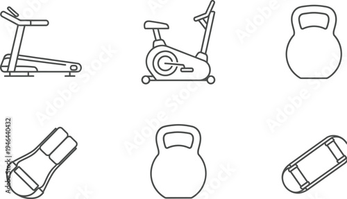 A versatile collection of modern line art icons illustrating common gym and fitness equipment, including a treadmill, exercise bike, kettlebells, and ab rollers.
