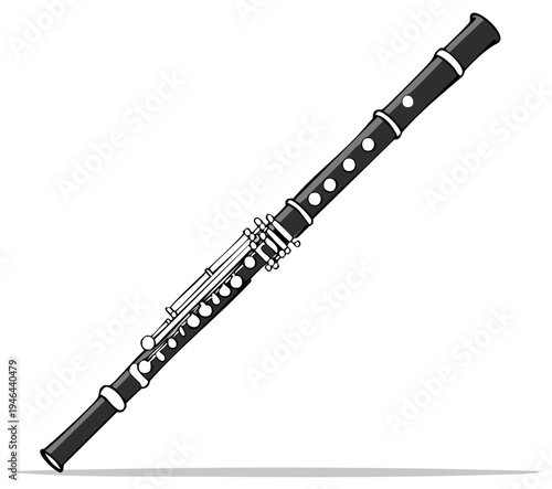 Black and white illustration of a clarinet, a woodwind musical instrument