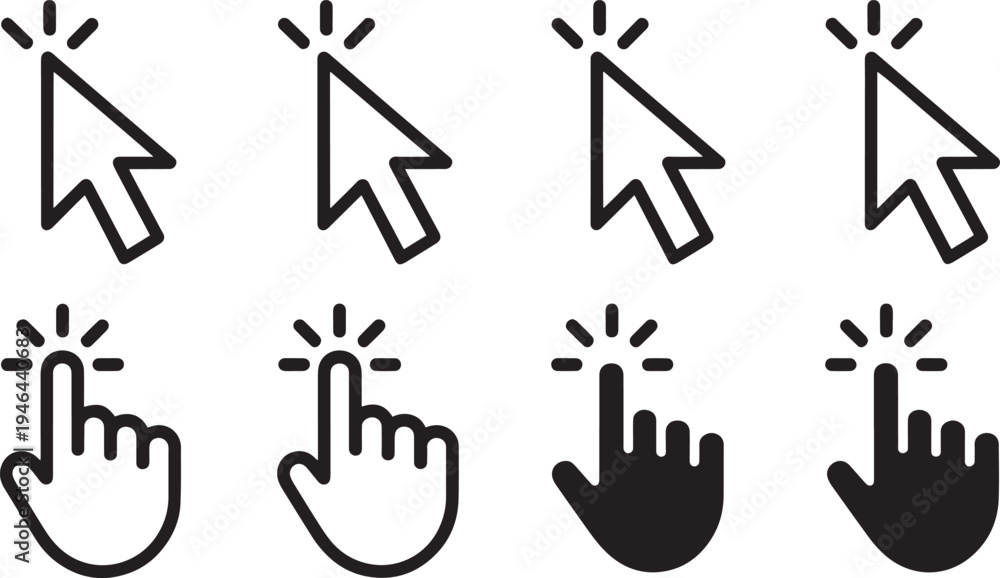 Fototapeta premium Hand cursor icon set with click selection and navigation arrow symbols in vector format