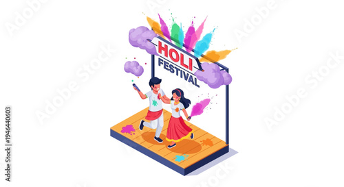 Isometric illustration of a joyful Indian couple celebrating Holi Festival with colored powder in a vibrant scene.