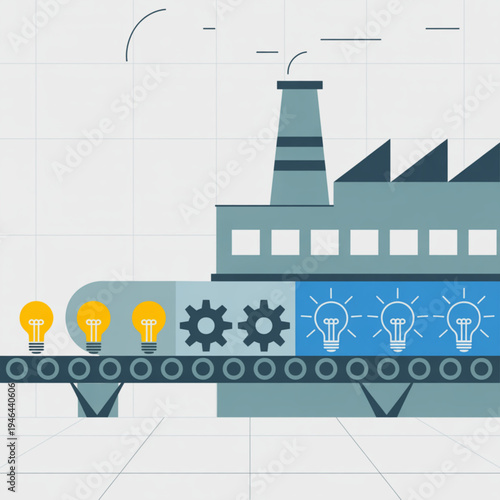 Light bulb factory conveyor belt with gears and ideas