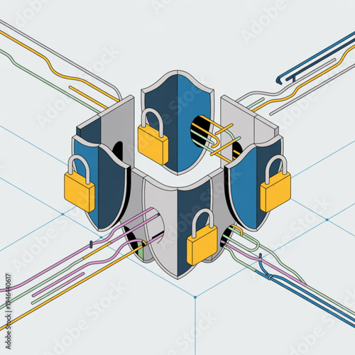 Network security shield with connected data cables and locks