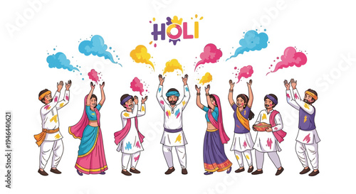 Illustration of people celebrating Holi festival with colored powder and vibrant colors on a white background.